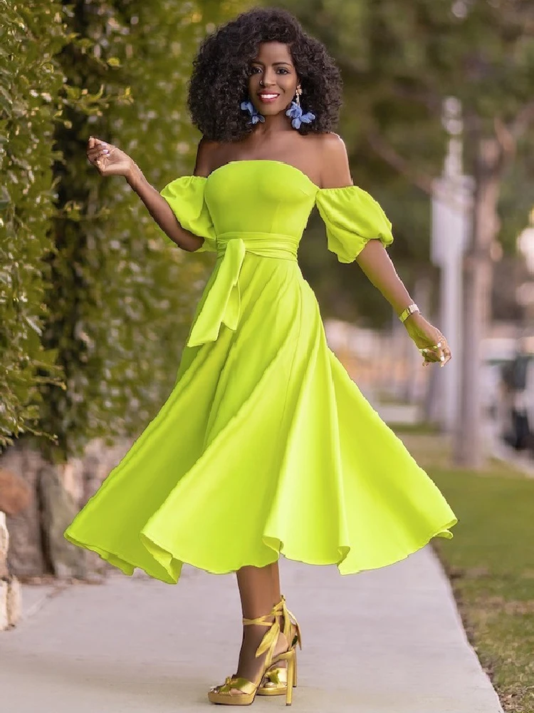 

Robes African Dresses For Women Lace Up High Waist Dashiki Africa Clothing Summer Fashion Elegant Puff Sleeve Long African Dress