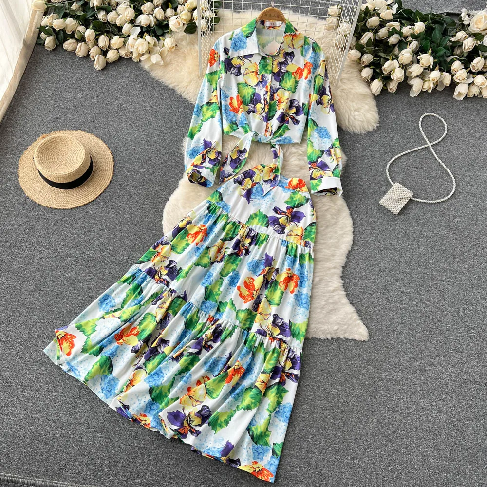 

2022 костюм для отпуска; Короткий топ; Элегантная юбка с высокой талией и принтом; Модный комплект из двух предметов