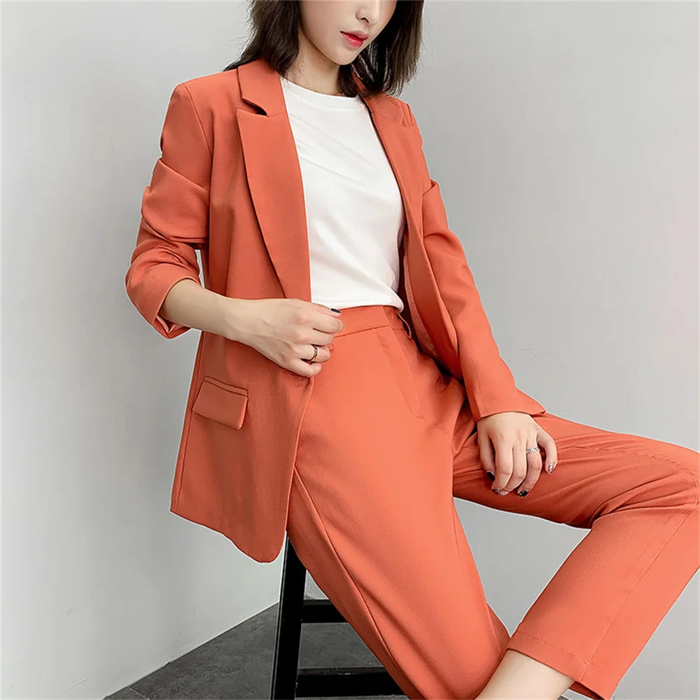 Casual Women Single Botton Blazer Suits Ol Pants Suit Notched Jackets & Ankle-length Trouser 2-pieces Set Fashion наборы брюки