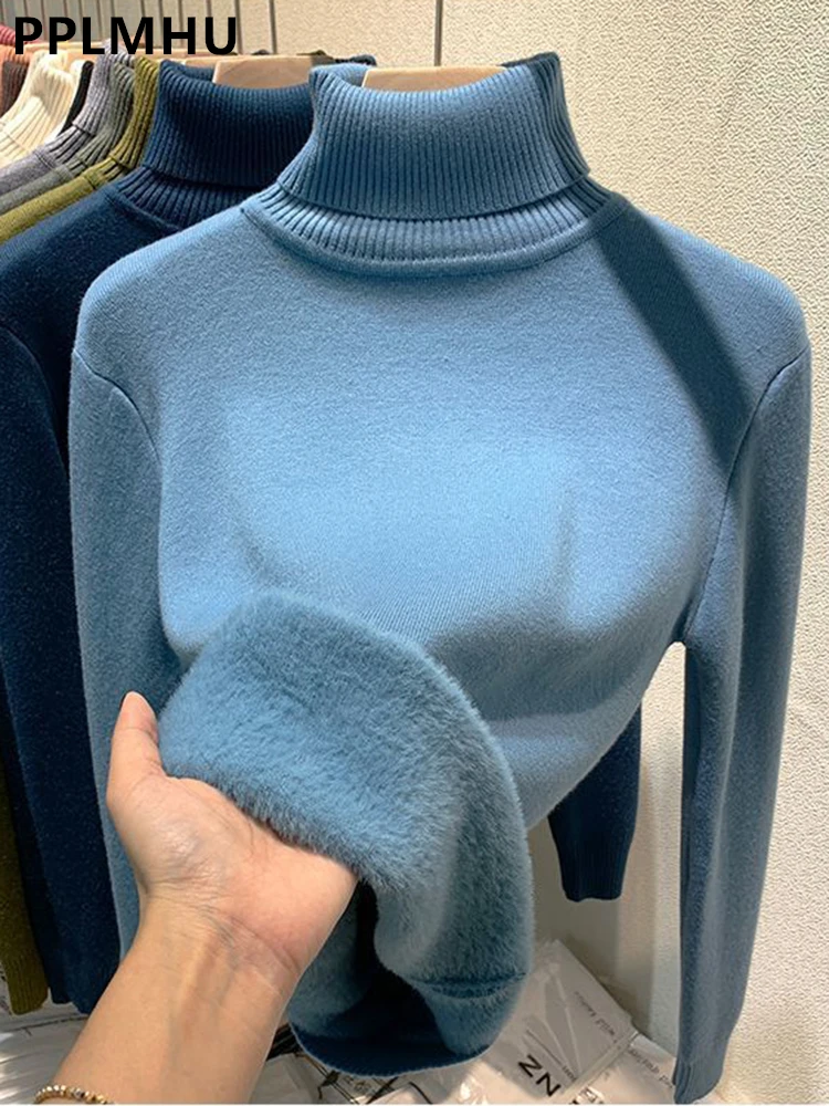 Зимний теплый облегающий свитер с высоким воротником топы новинка утепленный