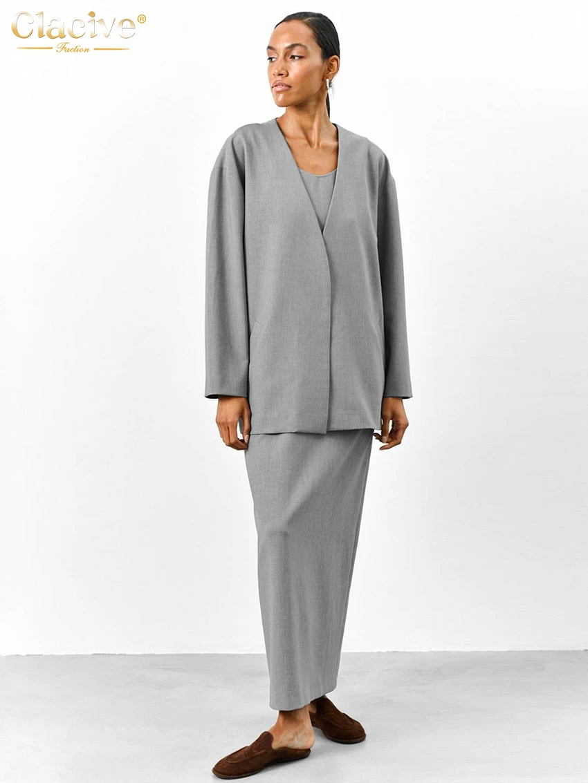 Clacive модный свободный серый офисный женский комплект из двух предметов