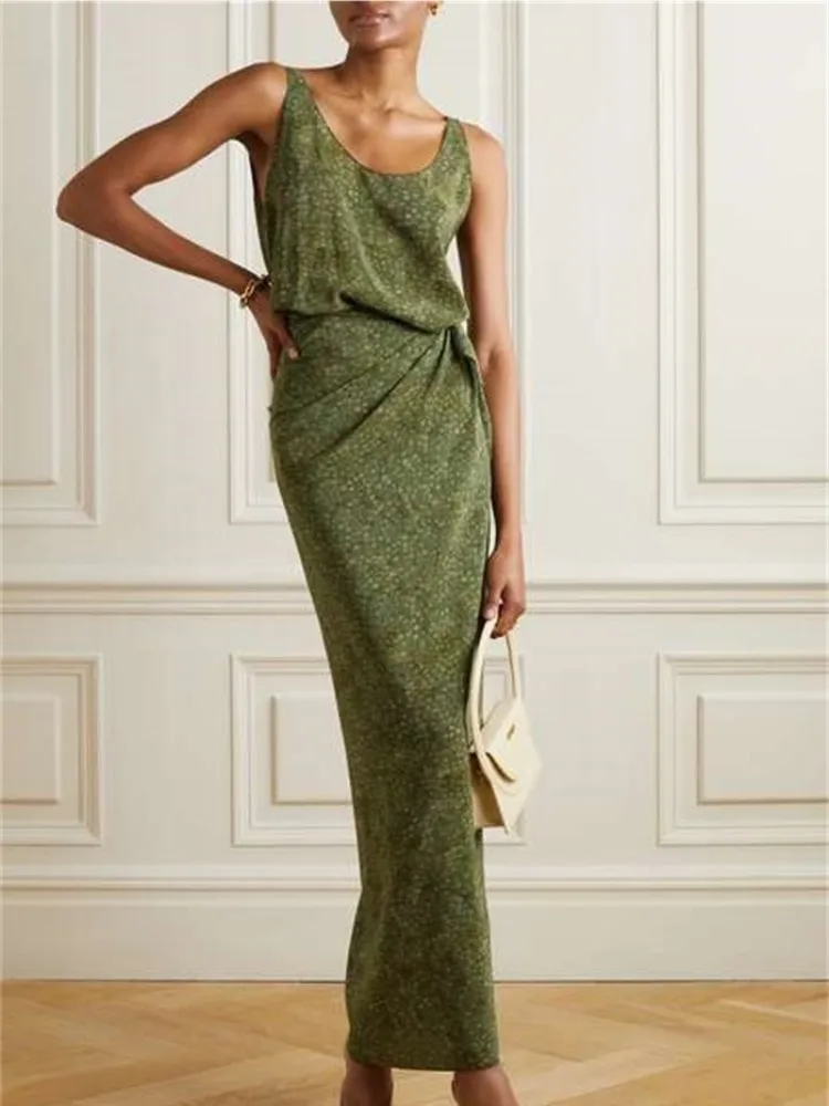 Women's Polka Dot Print Waist Tied Design Dress 2023 Summer New Lady Vintage Tank Dress Wrap Elegant Ankle-Length Robe