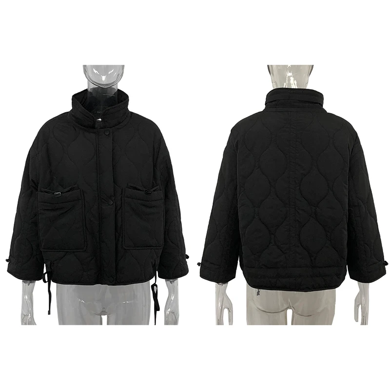 2023 Autumn Parkas Women Fashion Drawstring Short Coats Women Elegant Stand Collar Cotton Jackets Female Ladies