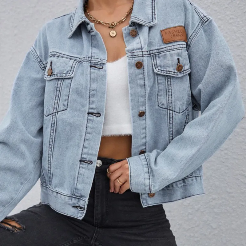 

SEPAQI Flap Pocket Patched Button Up Denim Jacket Women Jean Jacket Casual Slim Long Sleeve Denim Coat Oversize Denim Jacket