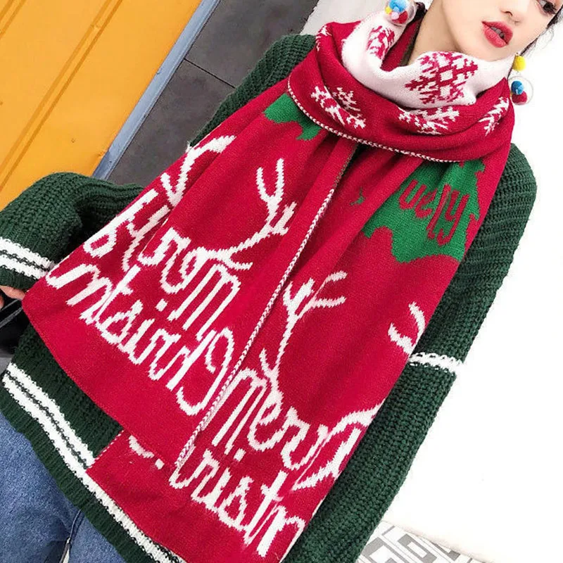 

2023 корейский стиль Новый рождественский шарф для женщин Лось вязаный зимний теплый утолщенный шерстяной красный фотоэлемент Новогодний подарок