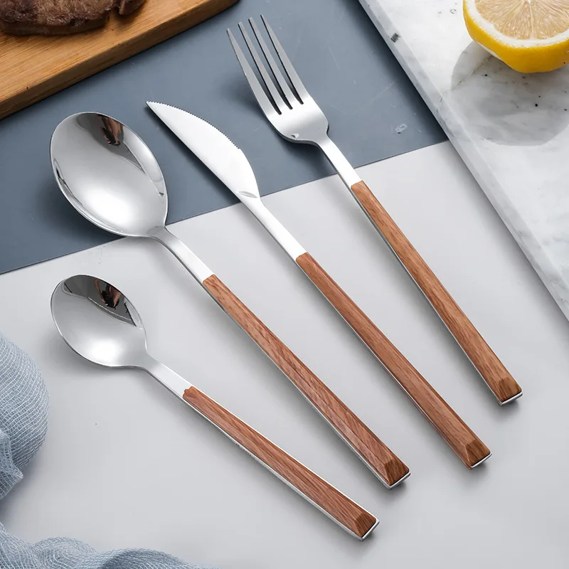 

Flatware Sets Western Dinnerware Set Wood Handle Stainless Steel 1/2/6/12/24/36 pcs Steak Table Knife Fork Spoon Dessert Fork