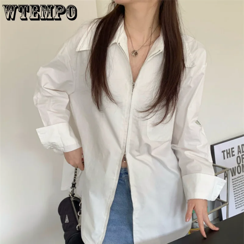 

WTEMPO Retro Style Double End Zipper Design Shirt Loose Solid Color Long Sleeved Blouse Simple Korean New Fashionable Casual Top
