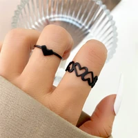 new heart rings set vintage hollow black ring for women trendy silver color men lover korean geometric finger jewelry gift