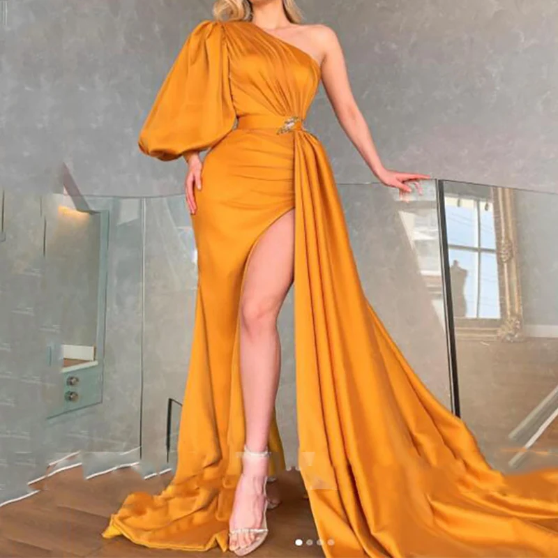 

Sexy Prom Dresses One Shoulder Sleeve High Split Prom Dress Personalized Evening Gown Robe De Soirée