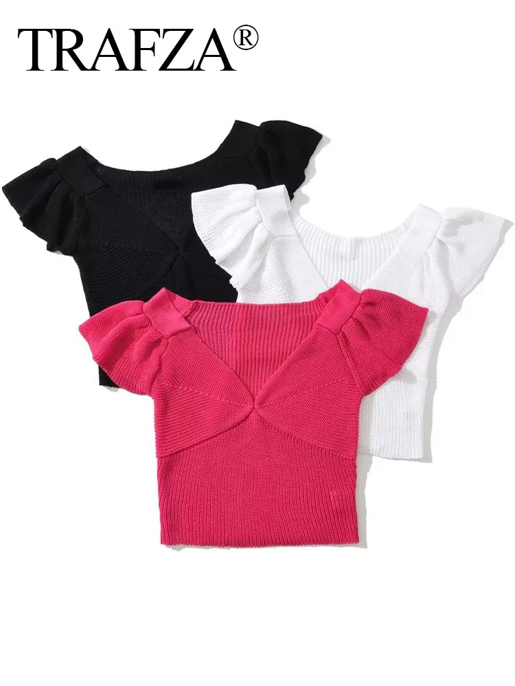 

TRAFZA Summer Fashion Candy Colors Knitting Lotus Leaf Sleeve T-Shirts For Women Big V-Neck Slim Elasticity Tee Tops Mujer