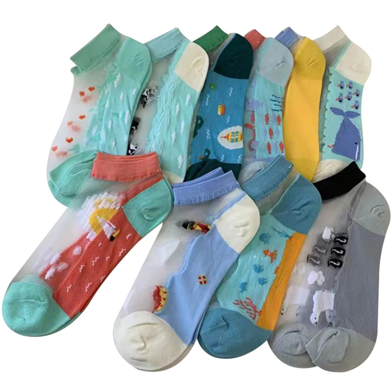 

5 Pairs Women Ladies Ultrathin Socks Summer Harajuku Ocean Series Sheer Mesh Glass Silk Ankle Socks Transparent Crystal Lace Sox
