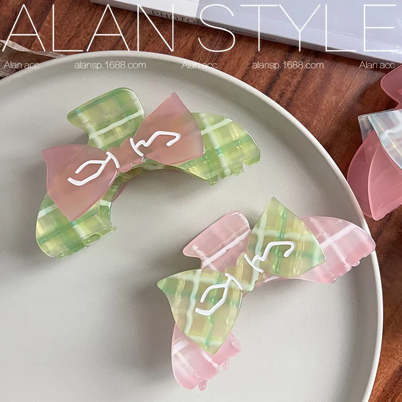 

Original Pink Green Checker Color Contrasting hair claw Contrasting Shark Clip Butterfly Knot Claw hair accessories for women