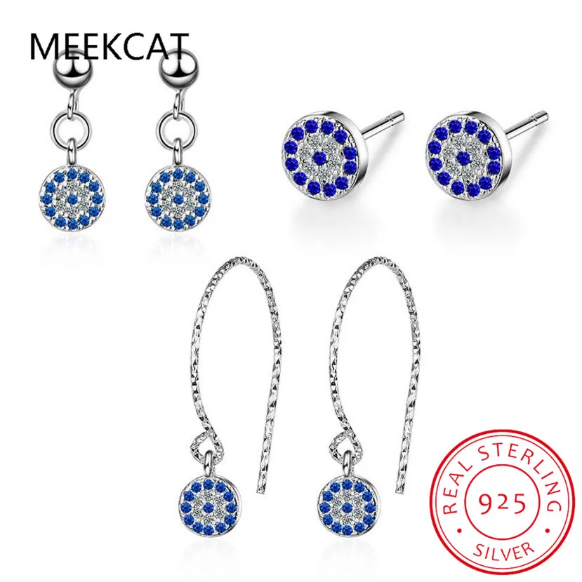 

Genuine 100% Sterling Silver Pave Blue Zircon Demon Eyes Stud Earrings for Women Fashion Bihemian Evil Eye Jewelry Gift MEJ026