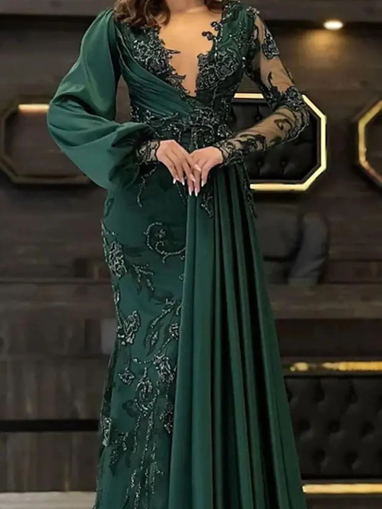 

Green Mermaid Luxurious V Neck Glamorous Evening Dresses Long Sleeved Engagement Train Lace Appliques Ladies Porm Dresses