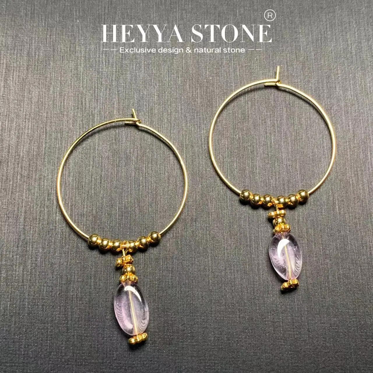 Серьги-кольца HEYYA STONE с натуральным аметистом простые классические круглые