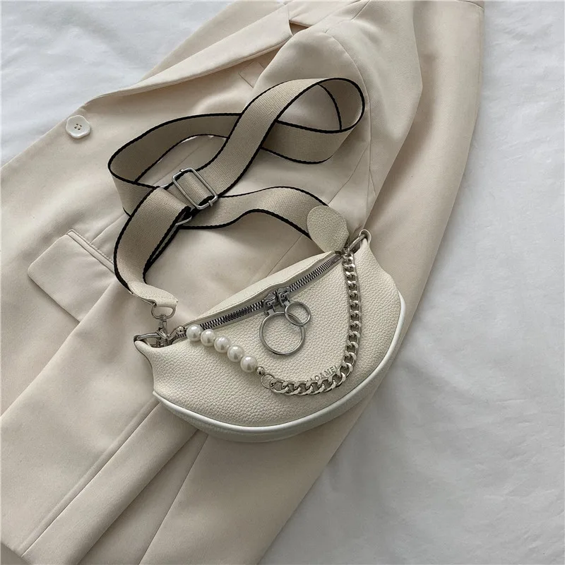 

Fashion Pearl Chain Crossbody Chest Bags for Women Texture Pu Leather Shoulder Bag 2023 New Ladies Casual Fanny Pack
