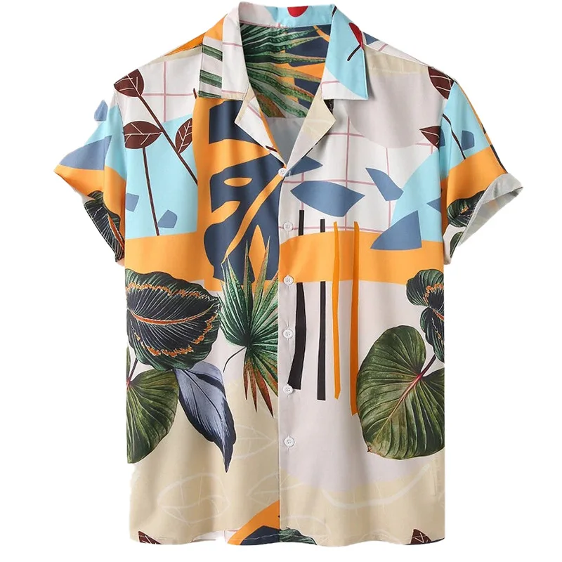 2023 New Men's Casual Loose Beachwear Leaf Printed Shirt Outfit Men Leisure Set Two-Piece Set
