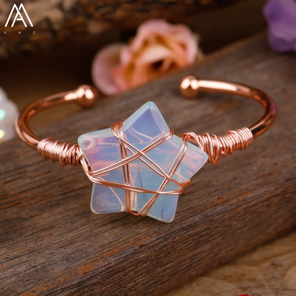 

Wire Wrapped Opalite Stars Beads Cuff Bracelet For Women Fashion Stars Gemstones Couples Bracelet Handmade Birthday Jewelry Gift