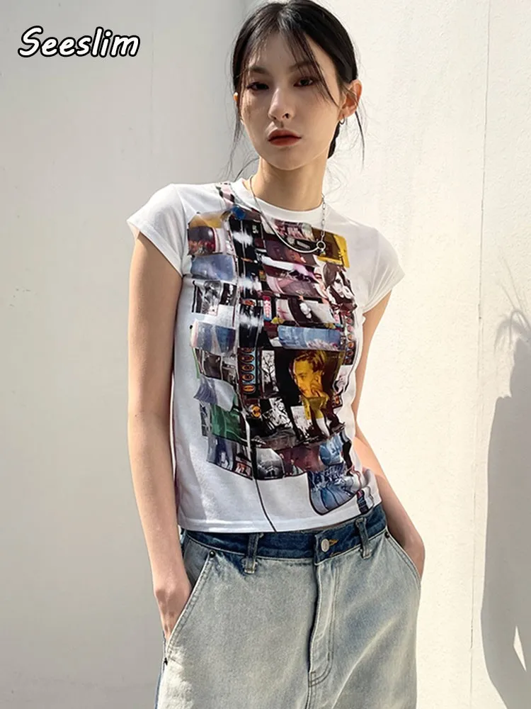 

Seeslim Vintage Grunge Tops Summer 2022 T Shirt Women Short Sleeve Slim Y2k Graphic Tees Korean Style Funny T-shirts Female
