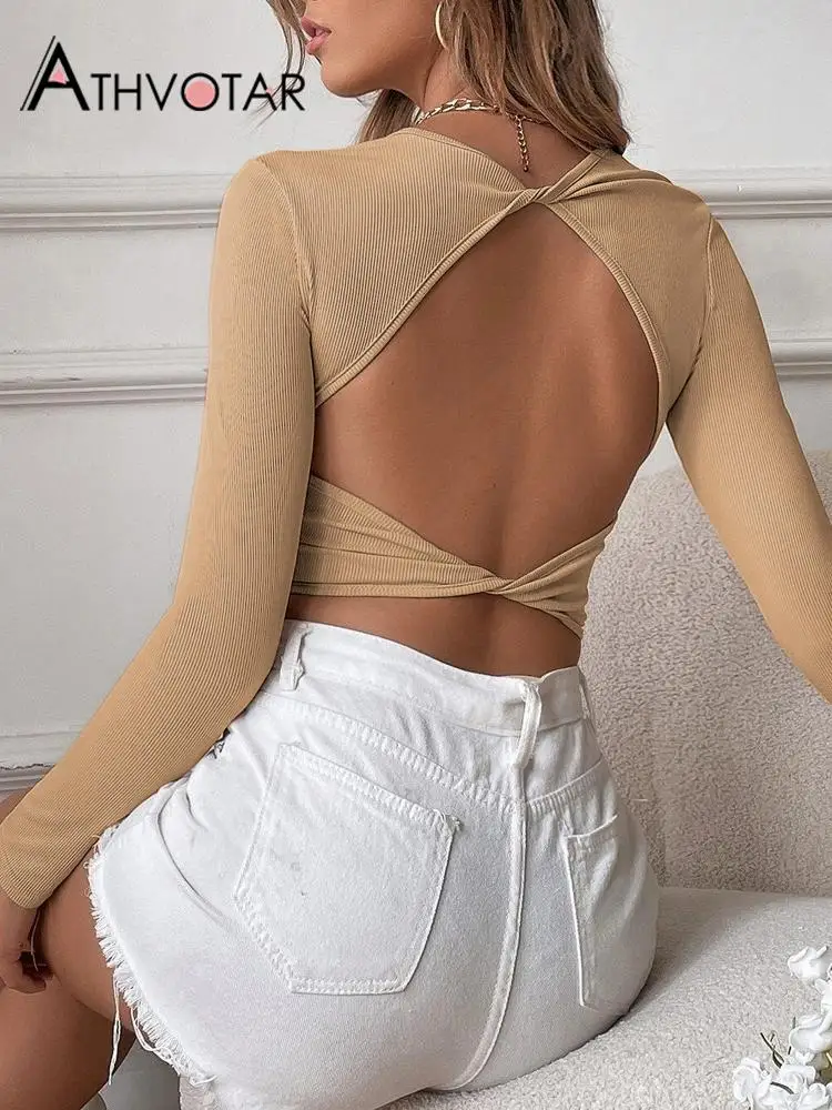 

ATHVOTAR T Shirt Women Sexy Backless Ribbed Casual Crop Top Slim Knit Elegant Long Sleeve Bottom Outer Wear All-Match T-Shirt
