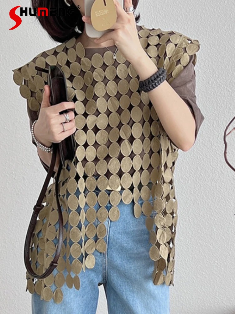 

Fairy Grunge Loose Khaki Hollow Out Crop Tops Korean Chic 2022 Summer New Vintage Embroidered Hollow Vest Blouse Vetement Femme