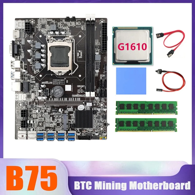 B75 BTC Miner Motherboard 8XUSB+G1610 CPU+2XDDR3 4G 1600Mhz RAM+SATA Cable+Switch Cable+Thermal Pad B75 USB Motherboard