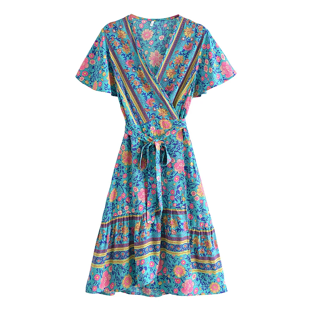 

Винтажное шикарное модное женское платье в стиле хиппи с цветочным принтом и V-образным вырезом, богемное мини-платье с коротким рукавом, же...
