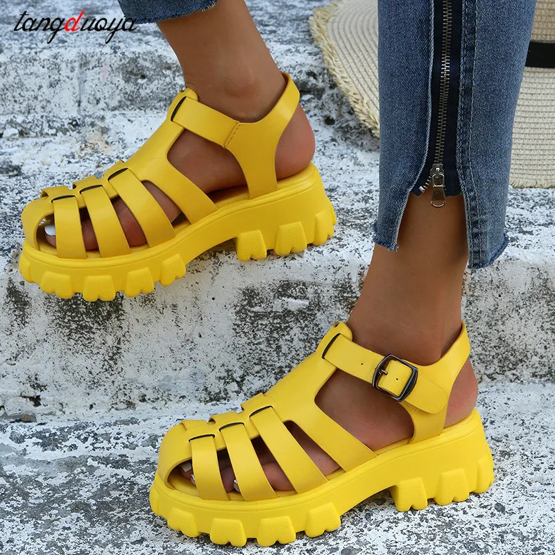 

Women Platform Sandals Summer Ladies Shoes Sandals Open Toe Wedges Chunky Buckle Strap Shoes Women Casual Sandalias green yellow