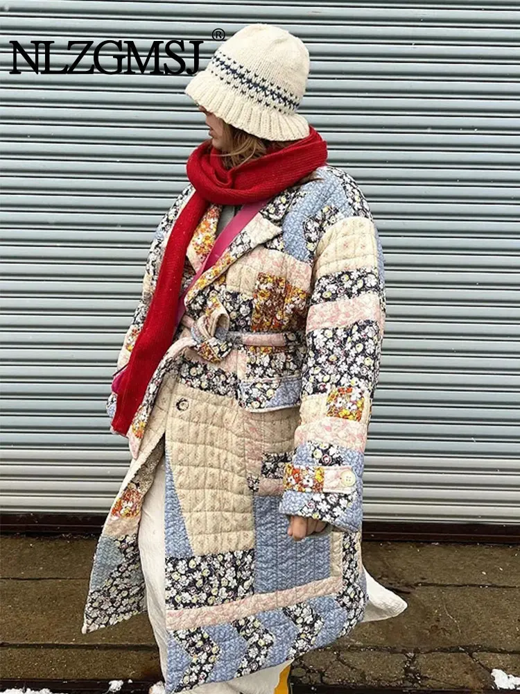 

Женское длинное хлопковое пальто Nlzgmsj TRAF с цветочным принтом и поясом, утепленная куртка, зимняя мода 2023, женская уличная верхняя одежда