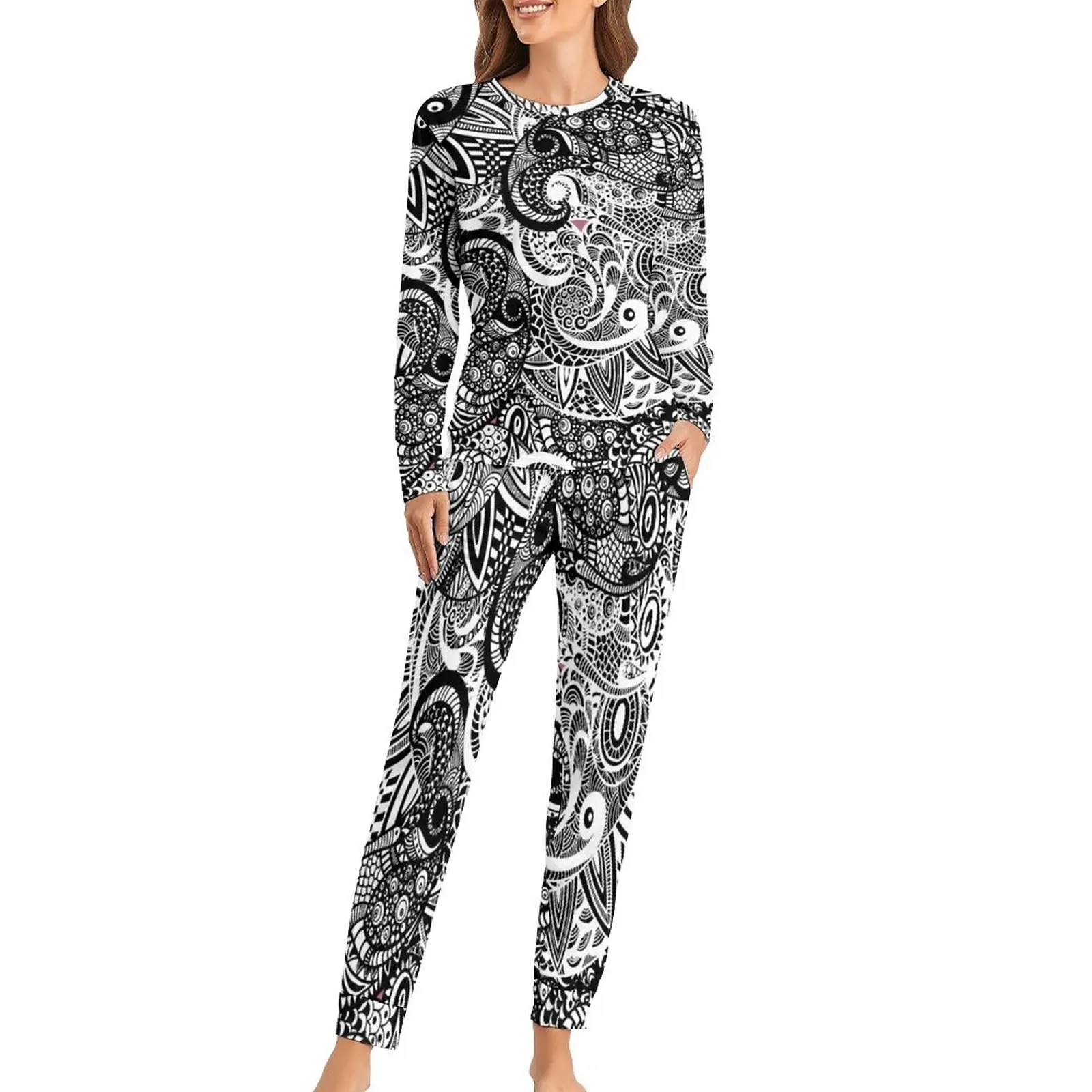 

Easter Vintage Pajamas Women Black And White Floral Kawaii Sleepwear 2 Piece Casual Loose Oversize Pajama Sets