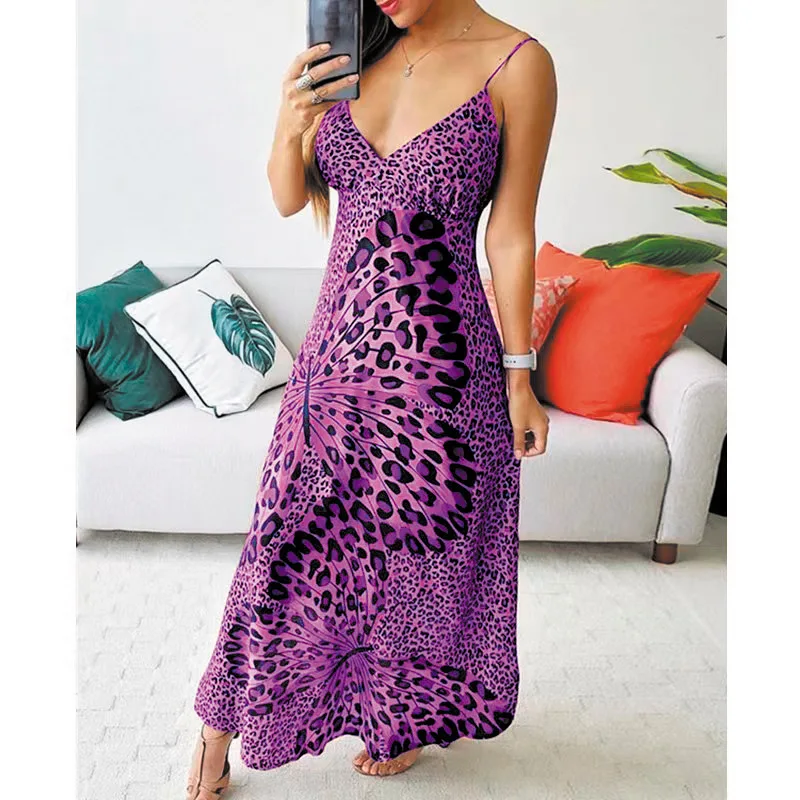 

Summer Sexy Elegant Sling Leopard Butterfly Print Party Princess Tank Dress Slim Dress V Neck Multicolor Long Dress Vestidos
