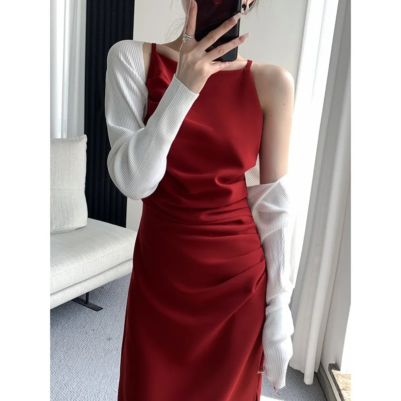 

Chic Stunning Red Slip Dress Women 2023 New Waist-Slimming Pear Shapes Slimming High Summer Long Dress Women's