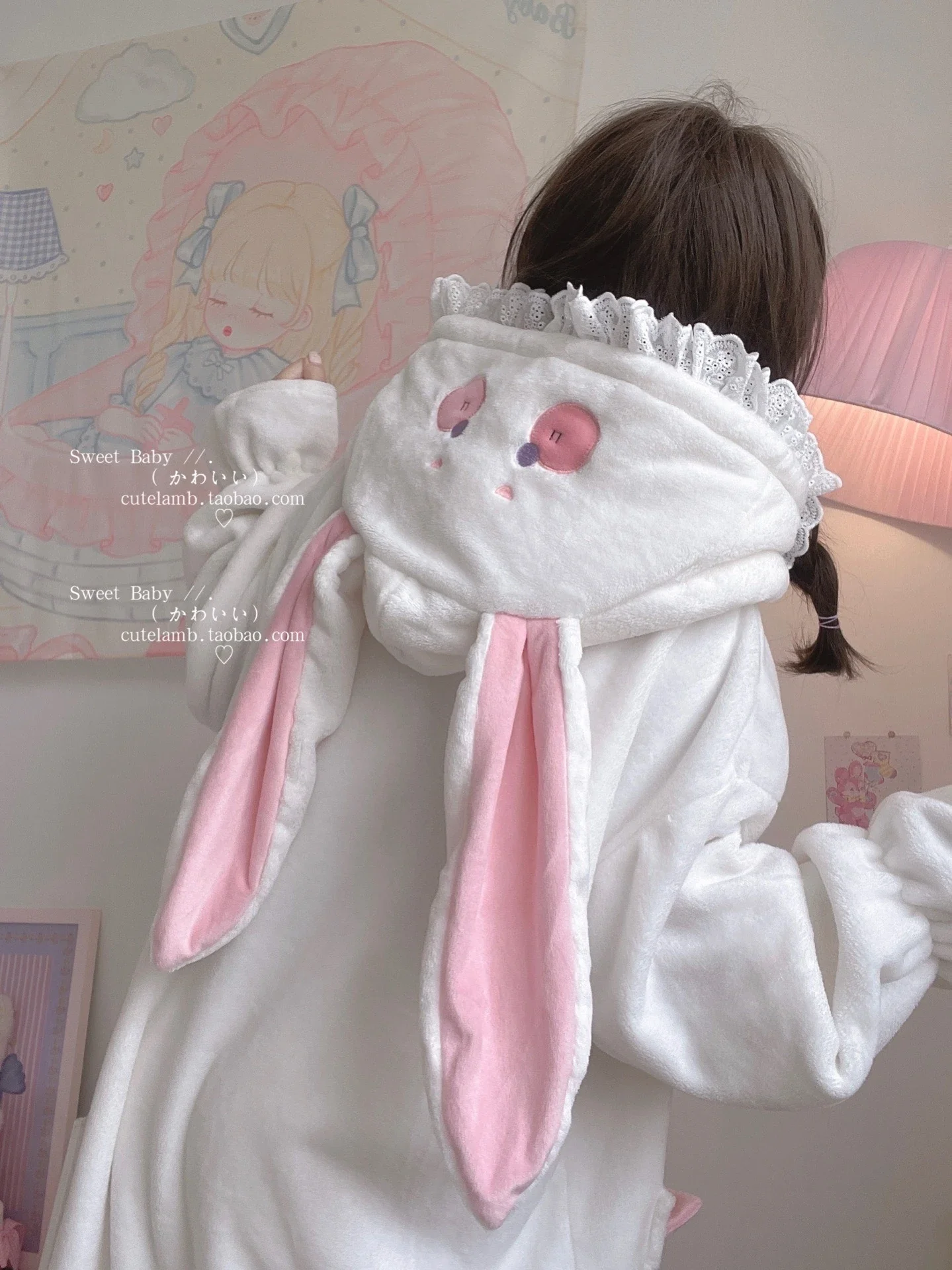 Милый костюм из двух предметов с кроликом Фланелевая пижама капюшоном