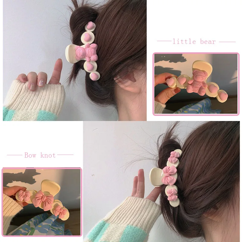 New Pink Bear~Bow knot sweet claw clip Shark Clip Elegant Temperament Ponytail Hair Clip women Claw Crab Heawear Hair Jewelry