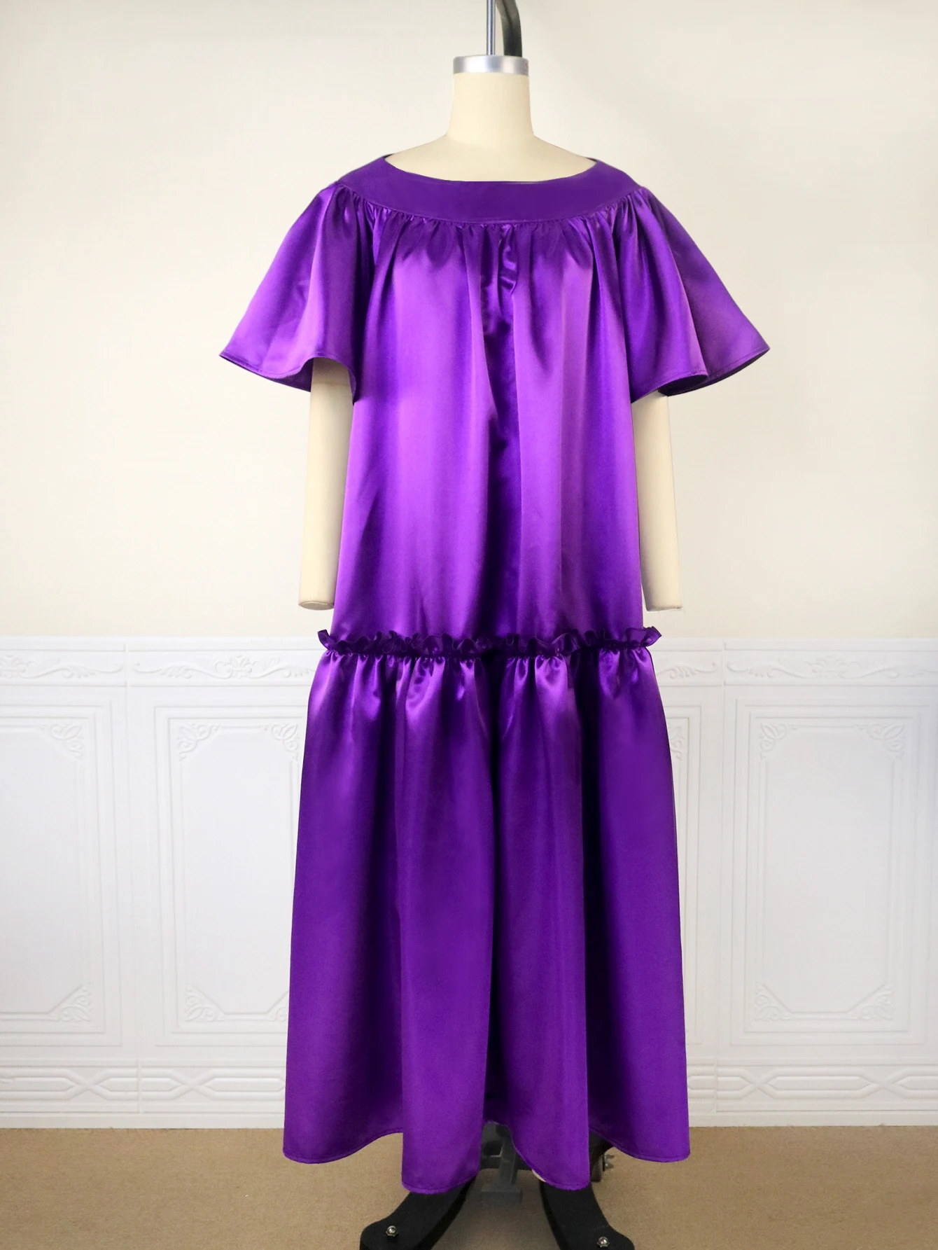 Purple Loose Long Dresses Plus Size 4XL Short Ruffles Sleeve O Neck White Evening Cocktail Event Party Gowns Outfits for Women