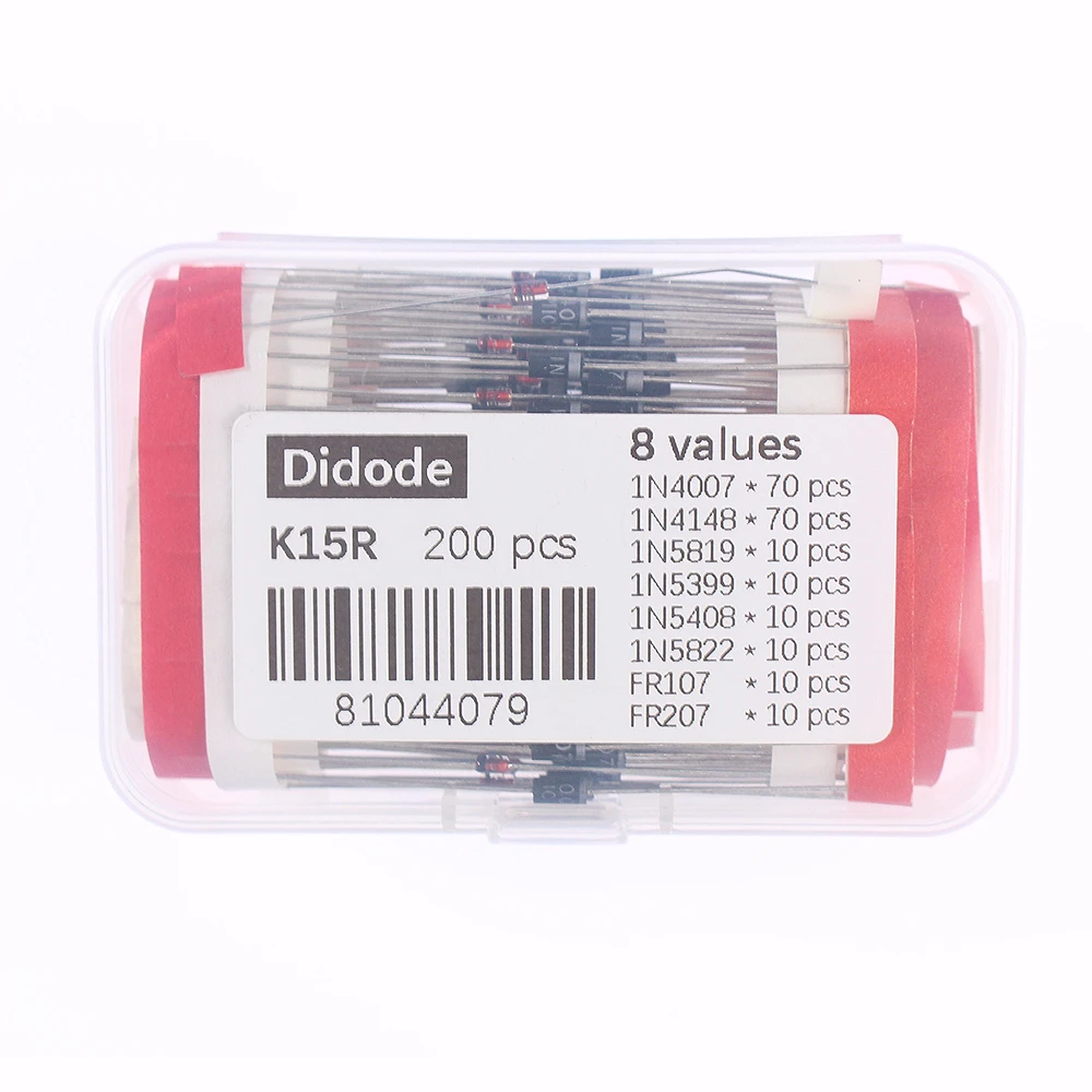 

200PCS/box 8 Values Diodes Assorted Kit 1N4148 1N4007 1N5819 1N5399 1N5408 1N5822 FR107 FR207 Schottky Diode / Rectifier Diode