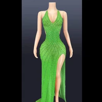 multicolored backless v neck shining crystal rhinestones split sexy women dress evening party clothing stage singer costume