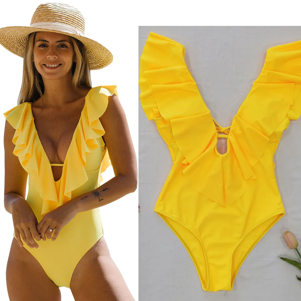 Женские слитные купальники на одно плечо асимметричные монокини с оборками