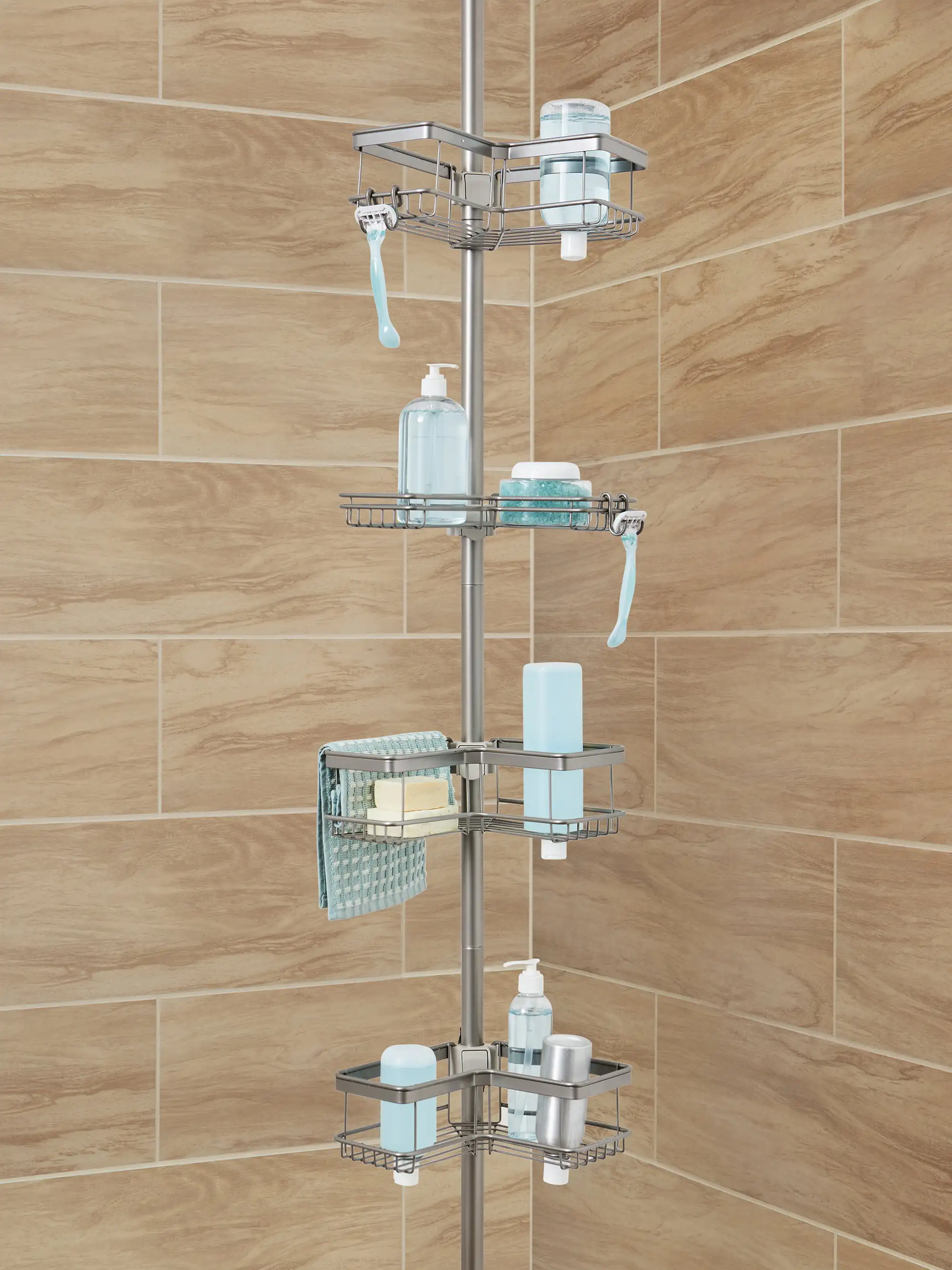 

Homes & Gardens Adjustable Tension Shower Pole Caddy, 4 Shelves, Satin Nickel