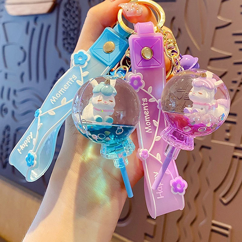 Cartoon Oily Lollipop Unicorn Floating Liquid Keychain Keys Creative Flower Lanyard Animal Keyring Pendant Women Bag Gift Keyfob