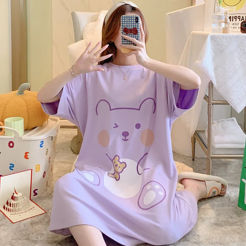 

Women Nightgown Summer Cotton Cartoon Bear Printing Korean Loose Lingerie Night Skirt Woman Cute Sleepshirts Girls Short Sleeve