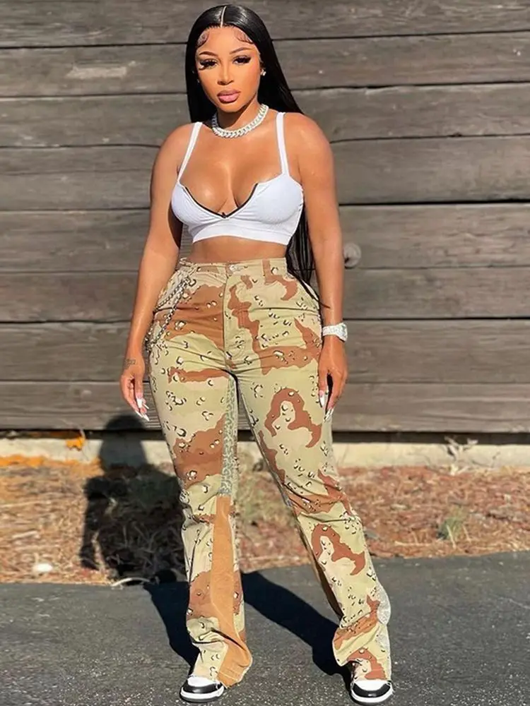 

Women Spring 2022 Outfits High Waist Bell Bottom Pants Sexy Camo Print Flare Pants Harajuku Fashion Streetwear Joggers