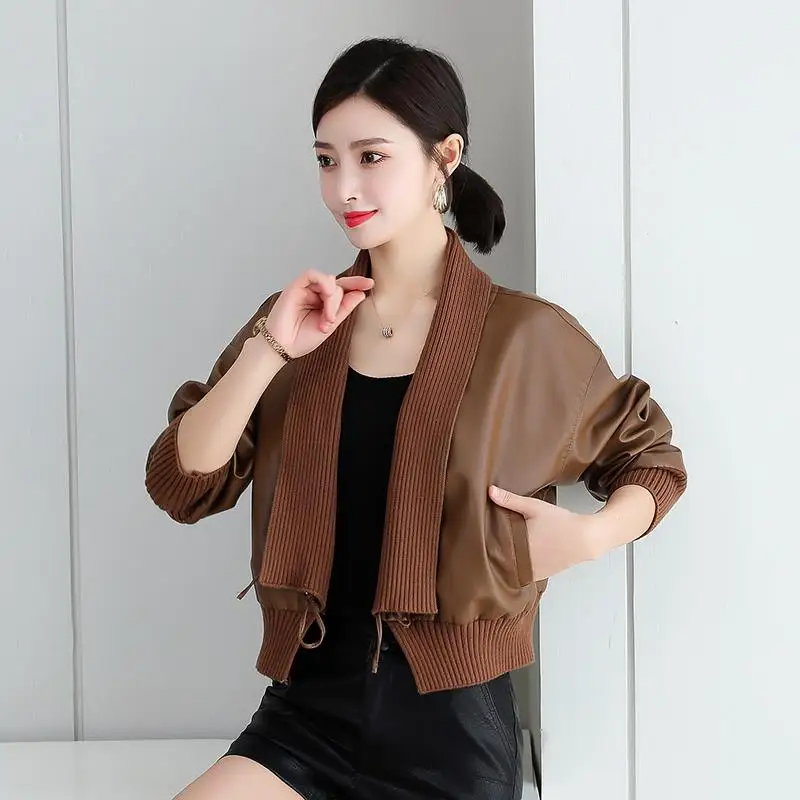

1pcs Women's PU Leather Short Jackets 2022 Autumn Knitting Faux Fur Splicing Long Sleeve Cardigan Ladies Skinny Locomotive Coats
