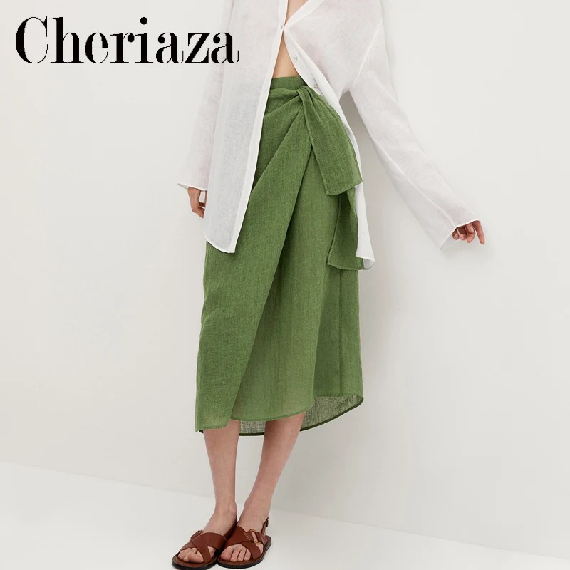 

2022 New Spring Summer Fashionable Women green Wrap Linen blended Chic Skirt Solid Color Vintage Wild Casual Bottoms Female
