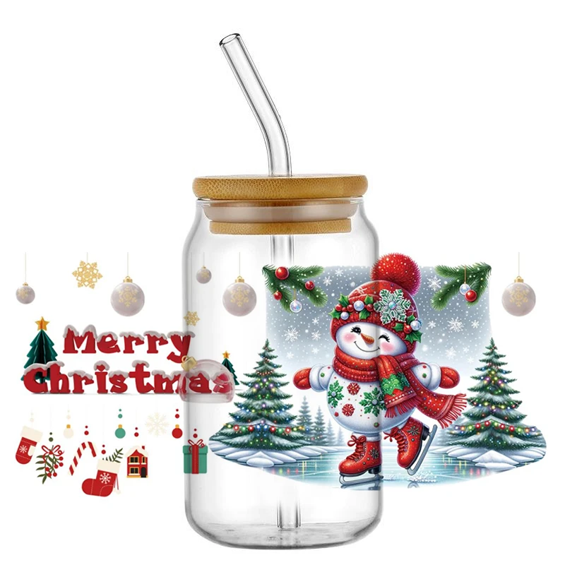 Рождественский снеговик УФ DTF Transfer Sticker Xmas For The 16oz Libbey Glass Wraps Cup Can DIY