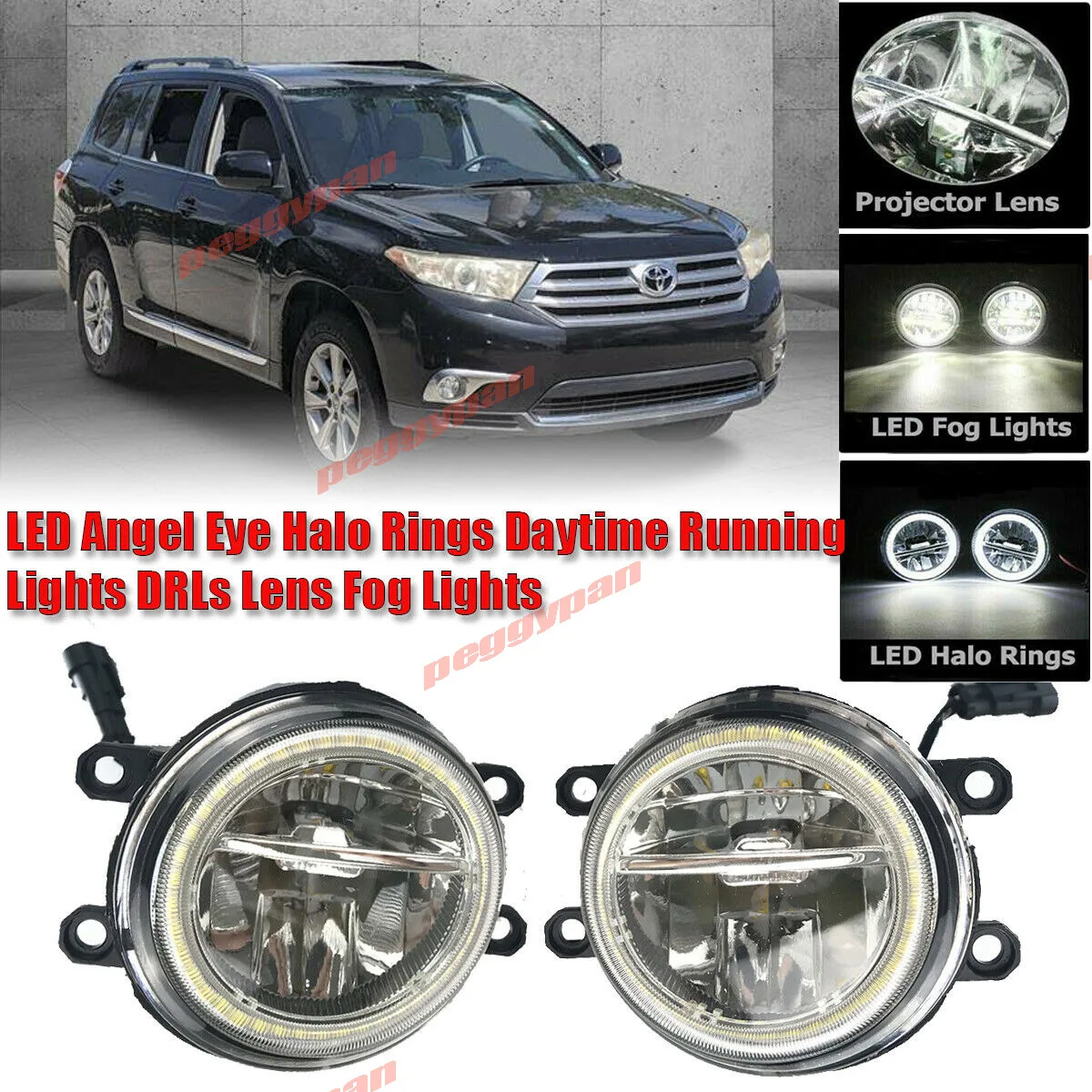 

New LED Fog Light Kit Angel Eye Rings HD Glass Lens DRL Daytime Running Lamp Fit For Toyota Highlander 2008-2012