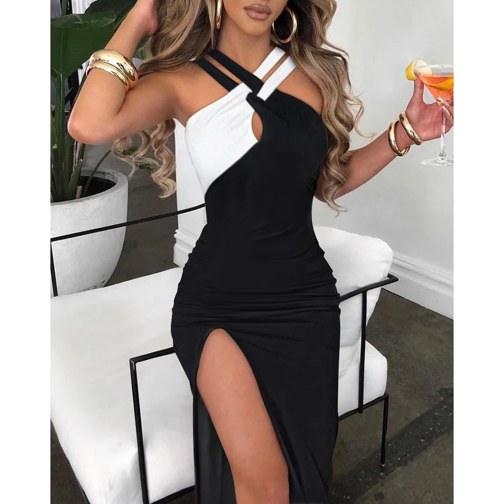 

2022 Women Colorblock Crisscross Halter High Slit Dress Summer Sexy Halter Mini Dress High Slit Sexy Party Dress Female