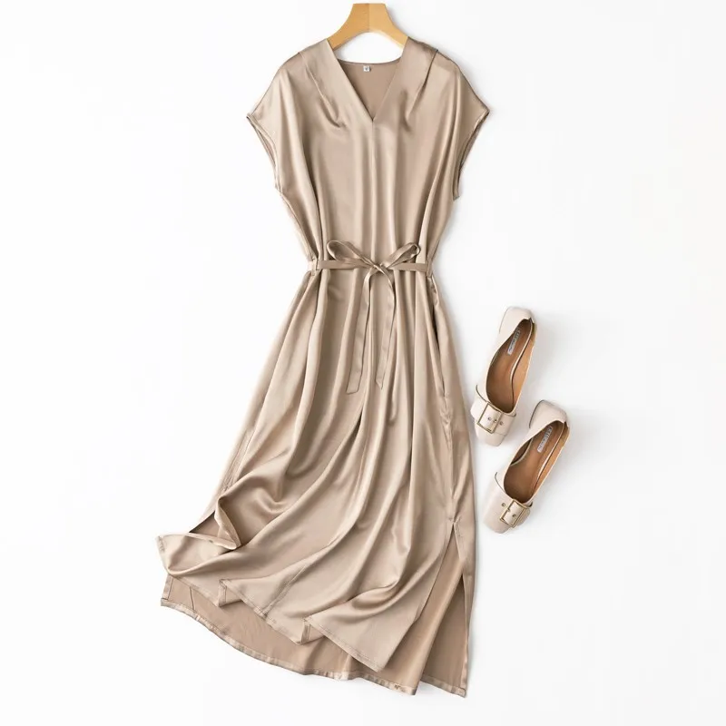

Women's 93% Mulberry Silk 7% Spandex V neck camel Color short sleeve belted with pocket 2022 Long Dress 8170