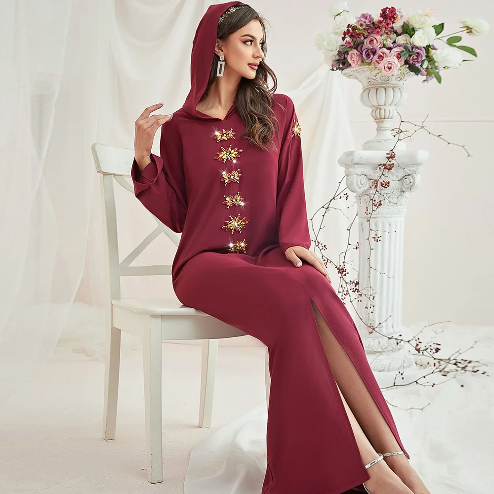 

Abayas For Women Burgundy Diamonds Hooded Dress Muslim Women Dress Robe Femme Musulmane Dubai Abaya Turkey Long Dresses