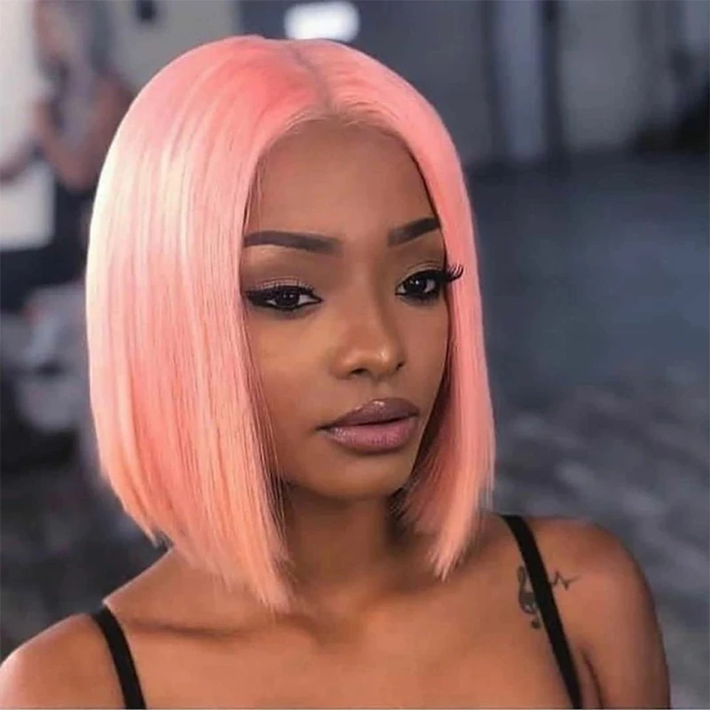 

Pre Plucked Pink Lace Front Wig 13x4 Brazilian Remy Human Hair Women Female Straight Wigs Short Bob Frontal Closure Wig 150%